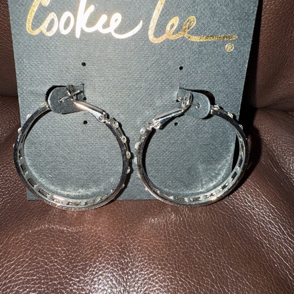 Cookie Lee Silver Tone Genuine Crystal Hoop Earrings NWT
